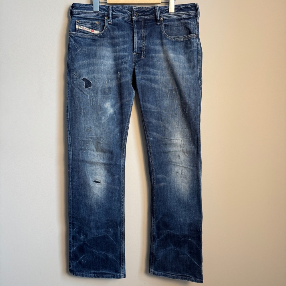 Diesel Zatiny Bootcut Distressed Patched Jeans Blue Stretch Mens Faded Grunge